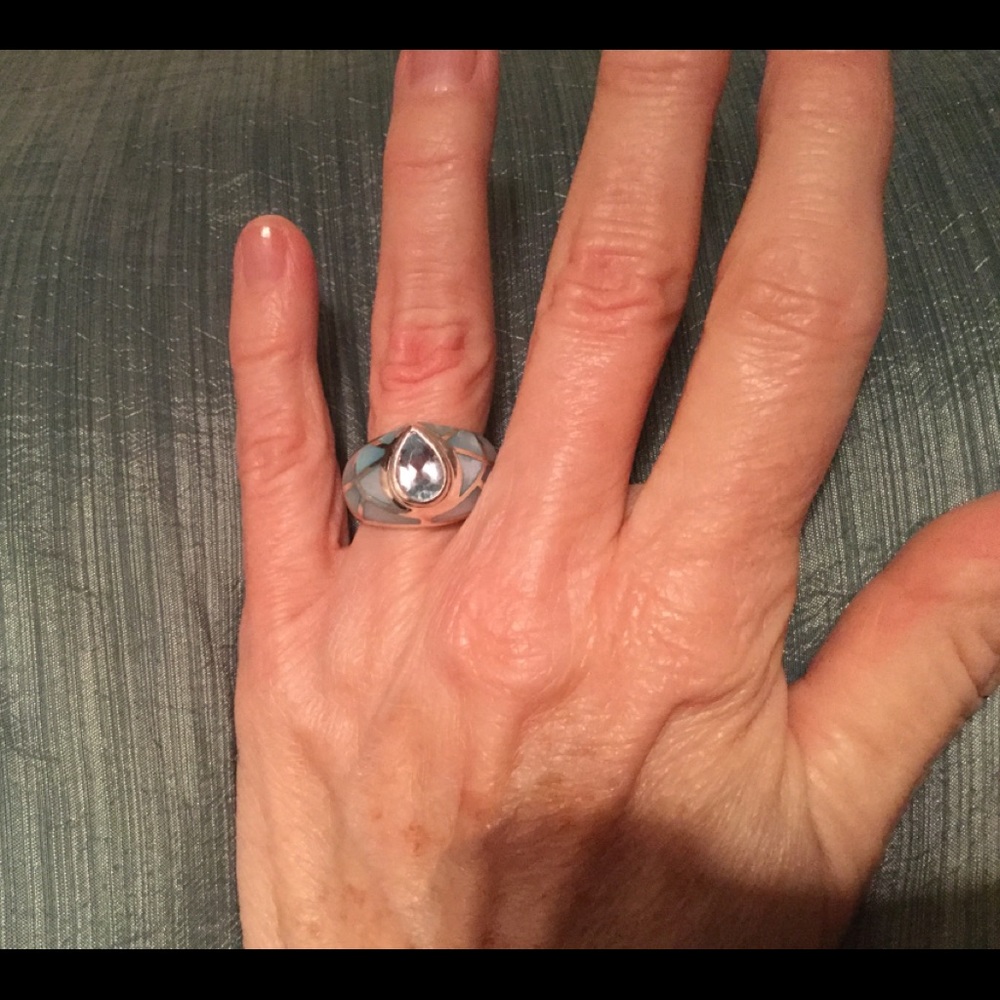 Sterling Silver Blue Topaz with inlaid MOP ring - Picture 2 of 4